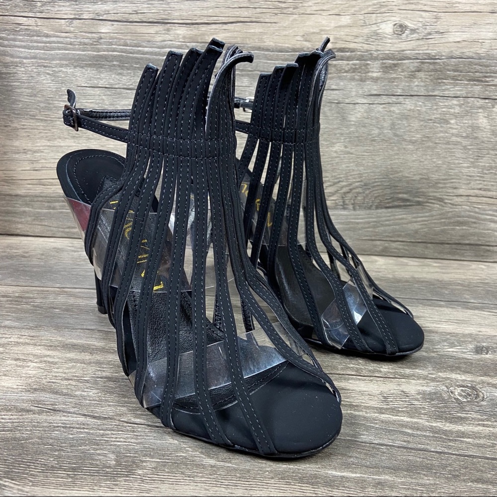 NEW Black Fringe Open Toe Stiletto Heels - Picture 9 of 9